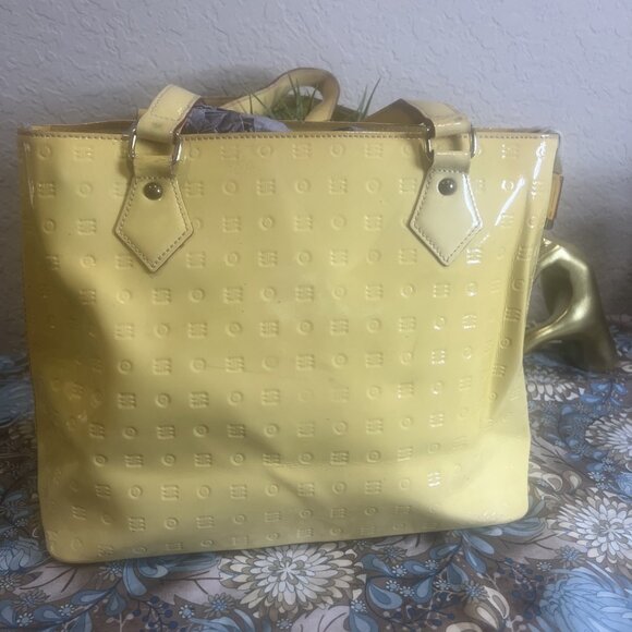 Project Bag-Arcadia Italian Handbag Embossed Patent Leather Satchel Yellow Tote - Picture 1 of 16